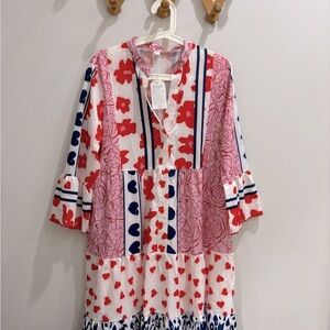 Pink and Red Midi Dress with Bell Sleeves and Mandarin Collar